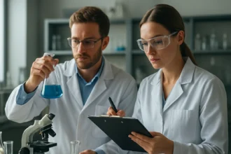 Két laboratóriumi kutató kémiai kísérletet végez egy kék folyadékkal.