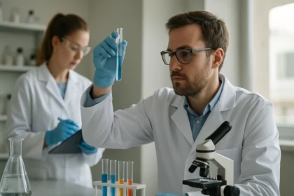 Két kutató laboratóriumban, kémiai kísérlet közben