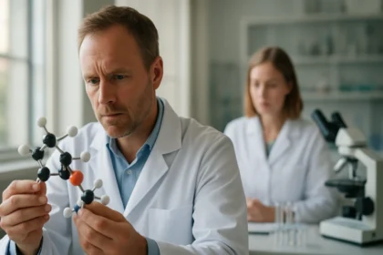 Kutatók kristálymodellek vizsgálata egy laboratóriumban