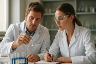 Két kémikus titrálási folyamatot elemez egy laboratóriumban.