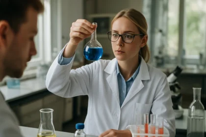 Kémiai laboratóriumban dolgozó tudós színes folyadékkal teli flaskát vizsgál.