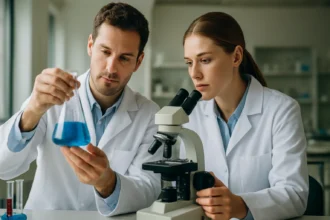 Két tudós laboratóriumban krómtimsót vizsgálva