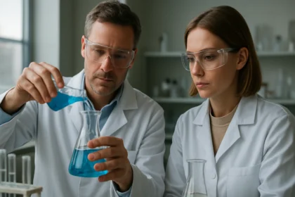 Két tudós kémiai kísérletet végez laboratóriumban, króm-triklorid felhasználásával.