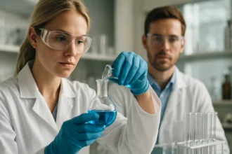 Kémikusok laboratóriumi kísérletet végeznek fullerének kutatásában.