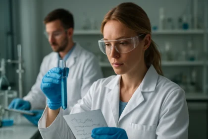 Kémiai kísérlet laboratóriumban, női kutató kémcsövet tart