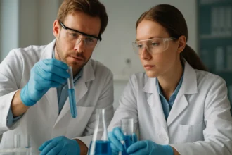 Két tudós laboratóriumban, kémiai kísérletet végezve.