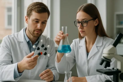 Kémiai kísérlet, ahol egy férfi molekulát, egy nő pedig folyadékot vizsgál.