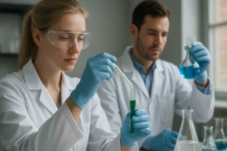 Két kutató különböző kémiai reakciókat végez laboratóriumban.