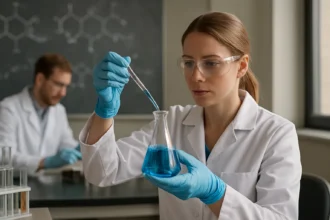 Kémiai kísérlet laboratóriumban, kumol vizsgálata.