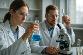 Két kutató laboratóriumban dolgozik, réz(II)-klorid oldattal.