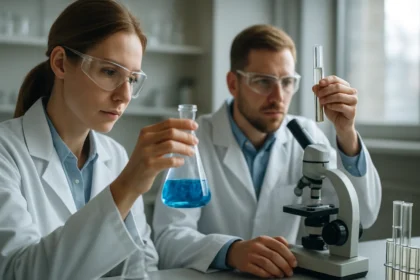 Két kutató laboratóriumban dolgozik, réz(II)-klorid oldattal.