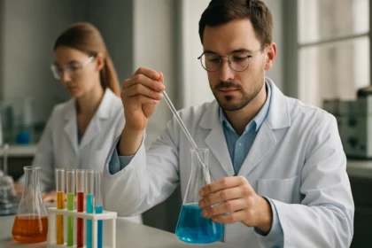 Kémikusok kupronikkel összetételét vizsgálják laboratóriumban.