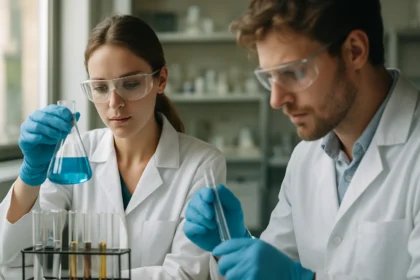 Kémikusok kvantitatív analízis során laboratóriumban