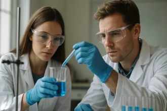 Két fiatal kutató laboratóriumban kék oldatot vizsgál.