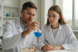 Kémiai kísérlet laboratóriumban, kvarcüveggel dolgozó kutatók