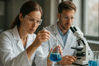 Kémikusok laboratóriumi kísérletet végeznek kék folyadékkal.