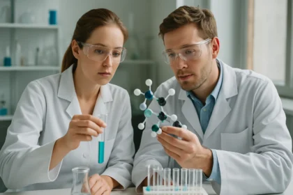 Két tudós laboratóriumban reagenseket és molekulákat vizsgálva.