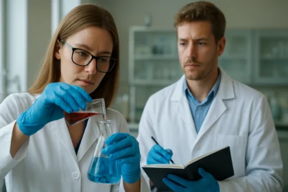 Két kutató laboratóriumban kémiai kísérletet végez