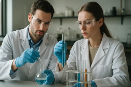 Két kutató lágy szappan előállításán dolgozik laboratóriumban.