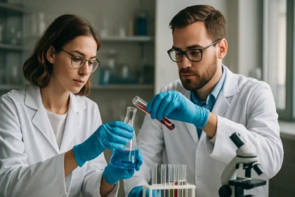 Két tudós laboratóriumban kísérletezik heteropolivegyületekkel.