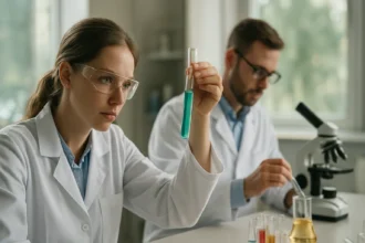 Kémiai kísérlet lakkbenzin vizsgálatával szakemberek által.