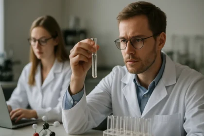 Kémikus tesztcsövet vizsgál, laboratóriumi környezetben.