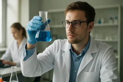 Kémikus kék folyadékkal teli lombikot vizsgál
