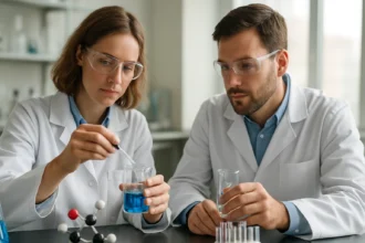 Két kémikus laboratóriumban kék oldatot vizsgálva.