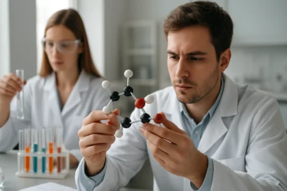 Fiatal kutatók kémiai modellek elemzése laboratóriumban