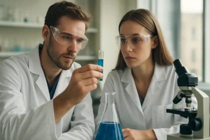 Két kutató kémiai kísérletet végez, kék folyadékkal és mikroszkóppal.