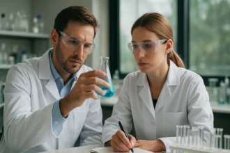 Tudósok laboratóriumi környezetben, kémiai kísérletet végezve.