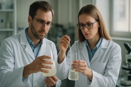 Két tudós a Langmuir-Blodgett módszert tanulmányozza laboratóriumban.