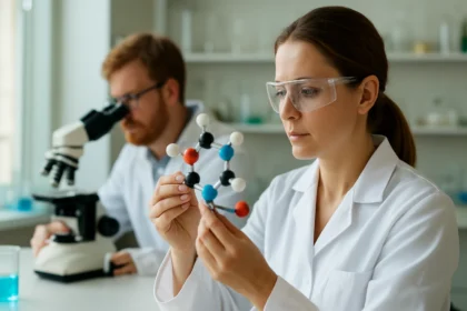 Kutatók a laboratóriumban kémiai molekulákat vizsgálnak