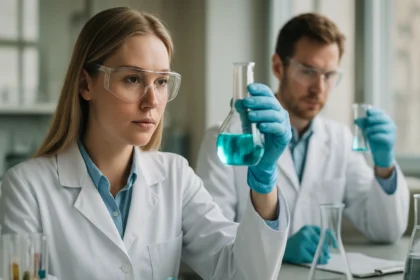 Két kémikus laboratóriumban, kémcsöveket tartanak a Langmuir-izoterma vizsgálatához.