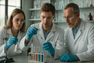 Laboratóriumi kutatók lantánnal kapcsolatos kísérletek során