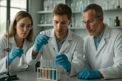 Laboratóriumi kutatók lantánnal kapcsolatos kísérletek során