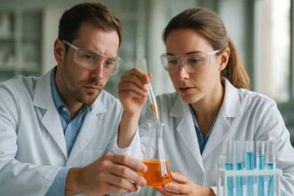 Két laboratóriumi dolgozó kísérletezik hexaciano-ferrát(II) oldattal.