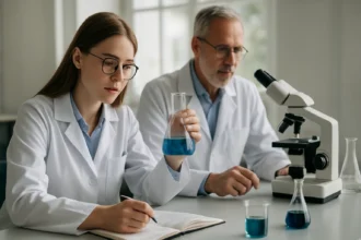 Kémiai kísérlet során fiatal nő és idősebb férfi laboratóriumi köpenyben