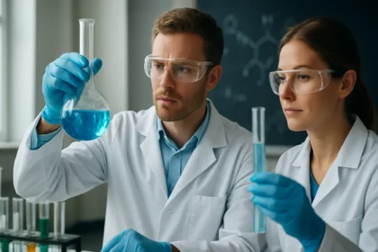 Kémiai laboratóriumban dolgozó tudósok a Lassaigne-teszttel.