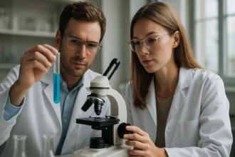 Kémiai kutatók laboratóriumi elemzést végeznek.