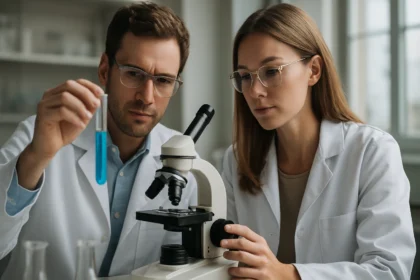 Kémiai kutatók laboratóriumi elemzést végeznek.