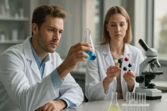 Kémiai kísérletezők laboratóriumi munkája hexaciano-ferráttal