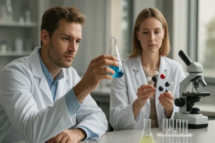 Kémiai kísérletezők laboratóriumi munkája hexaciano-ferráttal