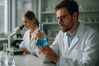 Kémiai kísérlet folyamatban, laboratóriumban dolgozó tudósok.