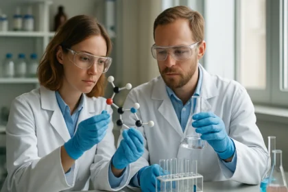 Kémikusok molekulapályákat vizsgálva, laboratóriumi környezetben.