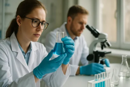 Kémiai kísérletet végző kutatók laboratóriumban