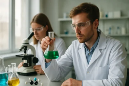 Kémiai kutatás a laborban, vegyészek kísérleteznek