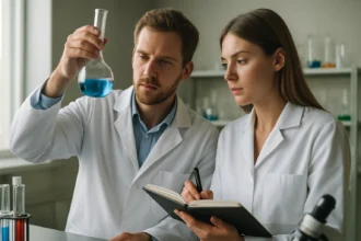 Kémikusok laboratóriumban, kék folyadékkal végzett kísérlet