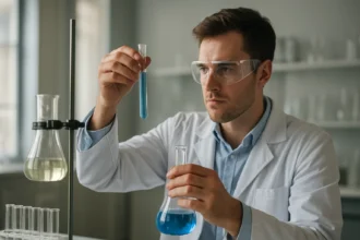 Kémiai lebontás folyamatát vizsgáló tudós laboratóriumban