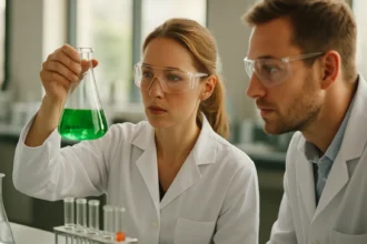 Két kutató szorbinsav tesztelését végzi laboratóriumban